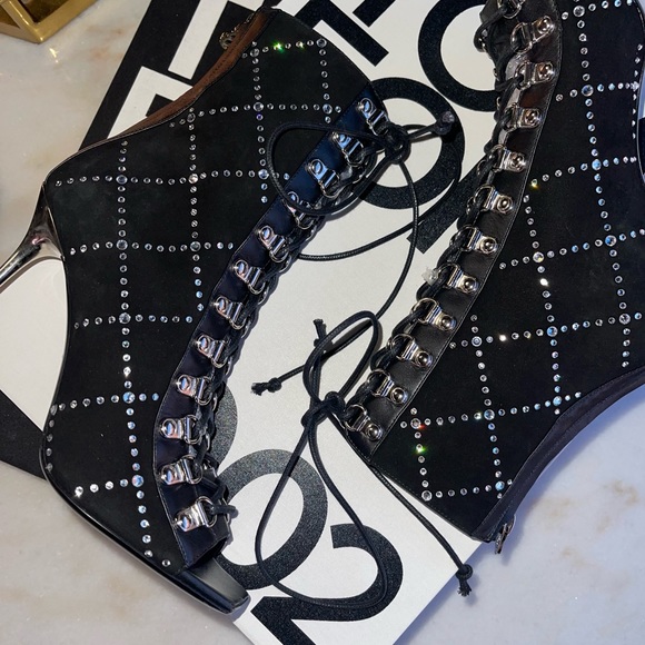 New Balmain Ryana Peep-Toe Crystal-Embellished Suede Booties in Black - Picture 12 of 15